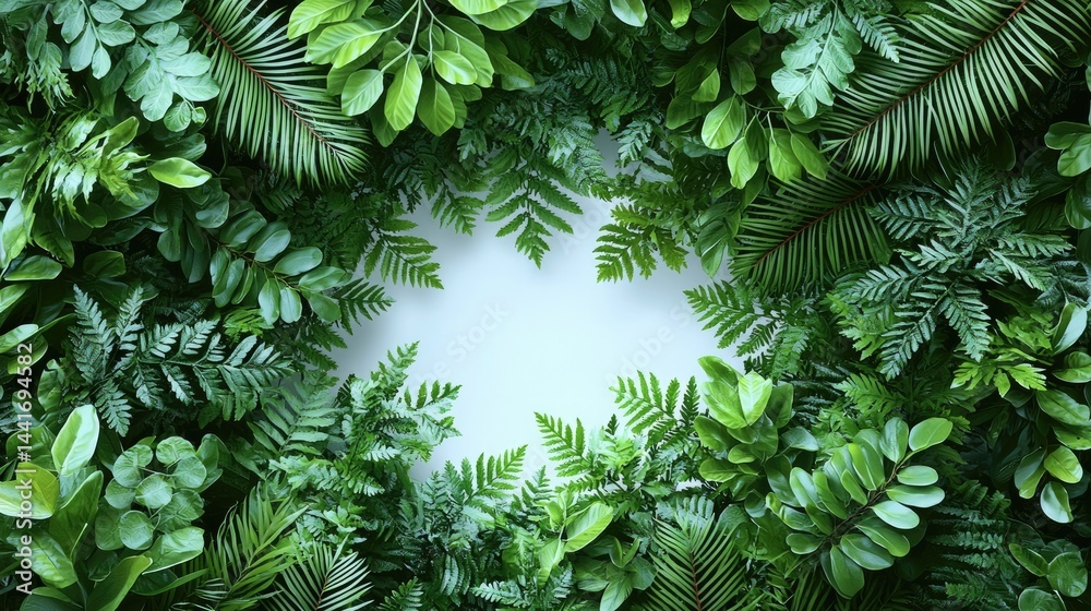 Green Leaves Frame, isolated on white background, minimalist style, space for text.