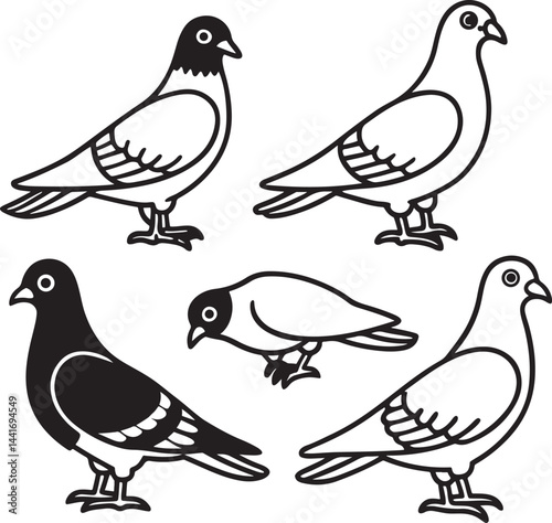 pigeons black line art design clearing with white background.
