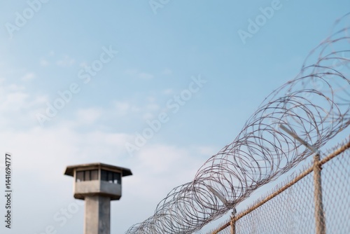 minimalistic image of prison yard encircled by barbed wire and solitary guard tower beneath clear sky