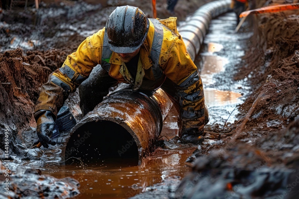 Worker in protective gear inspecting or repairing a large muddy pipeline in a trench filled with water and mud