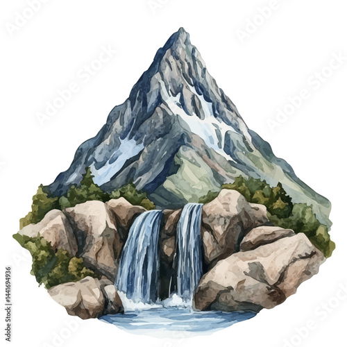 watercolor vector of Surreal Mountain Peak With, isolated on a white background.