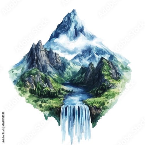 Surreal Mountain Peak With, watercolor illustration, isolated on a white background.