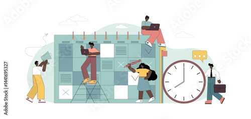 Planning concept. People, office workers, entrepreneurs fill out the calendar schedule.eps