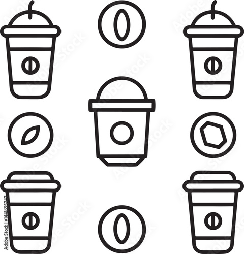 coffee drink items set black line art design clearing with white background.