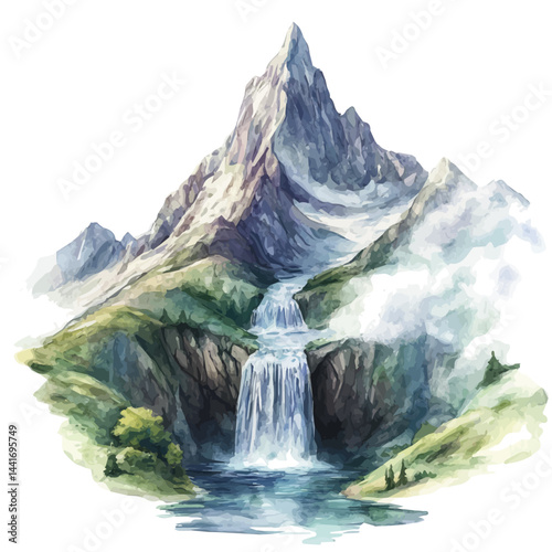 Surreal Mountain Peak With, watercolor vector, isolated on a white background.