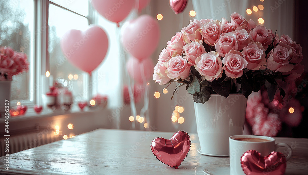 A romantic Valentine's Day backdrop, featuring pink and red roses, hearts, balloons, candles, and a table with coffee on the terrace of an old house decorated for Valentine's Day.