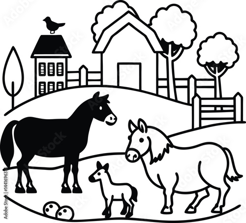Black and white cartoon farm vector illustration of domestic animals like cow, horse, sheep, and pig