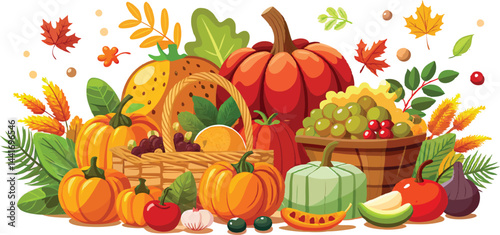 Illustration of various fresh food items including vegetables, fruits, set of different fruits items.