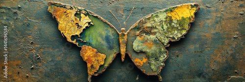 Obraz na płótnie Creative Representation of a Butterfly Wing Illustrating a Map of the World With Emphasis on Earth’s Fragility and Beauty w salonie