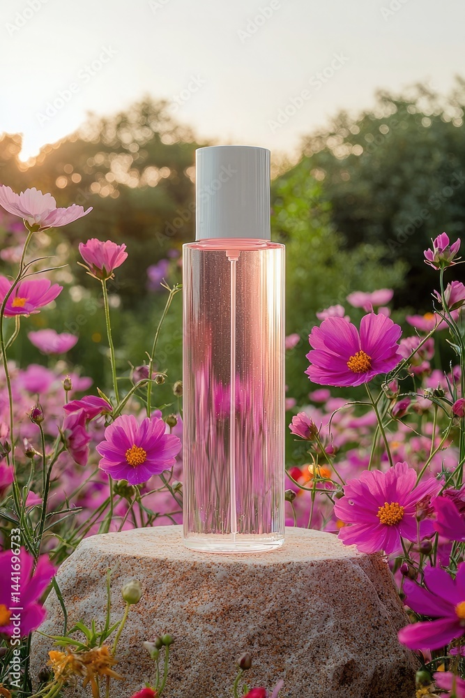 The cosmetics stand is on a stone, flowers surround it, giving off a springtime vibe. Light-pink background.