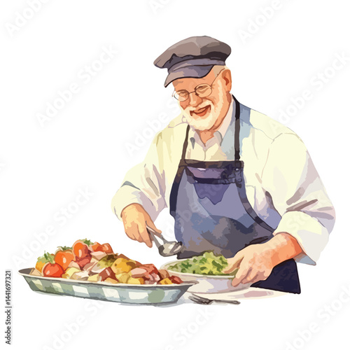 watercolor A person serving food in a restaurant_ilustration