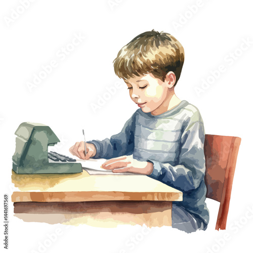 watercolor A person typing at  a desk illustration