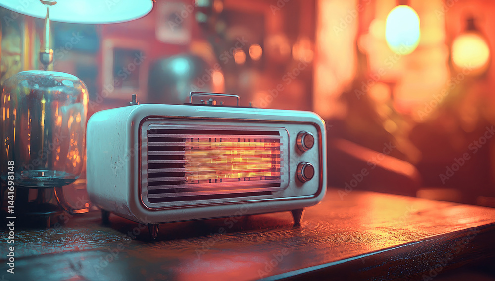 A vintage-style radio broadcasting a futuristic, otherworldly signal in a dimly lit, retro-futuristic room.