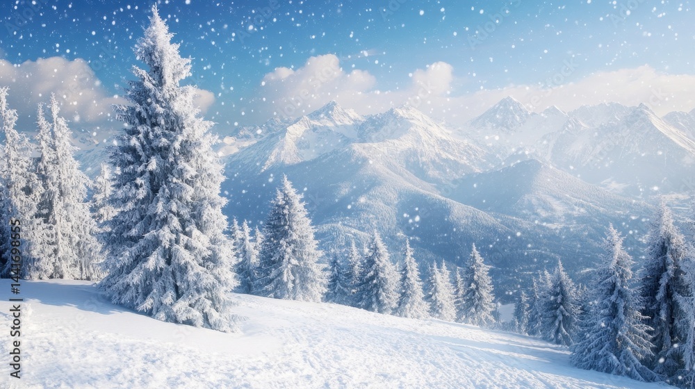 Fototapeta premium Environment Christmas. White Snowfall in Winter Landscape with Snowy Mountains