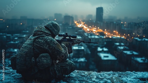 Obraz na płótnie Soldier with a sniper watching over a City, night time. w salonie