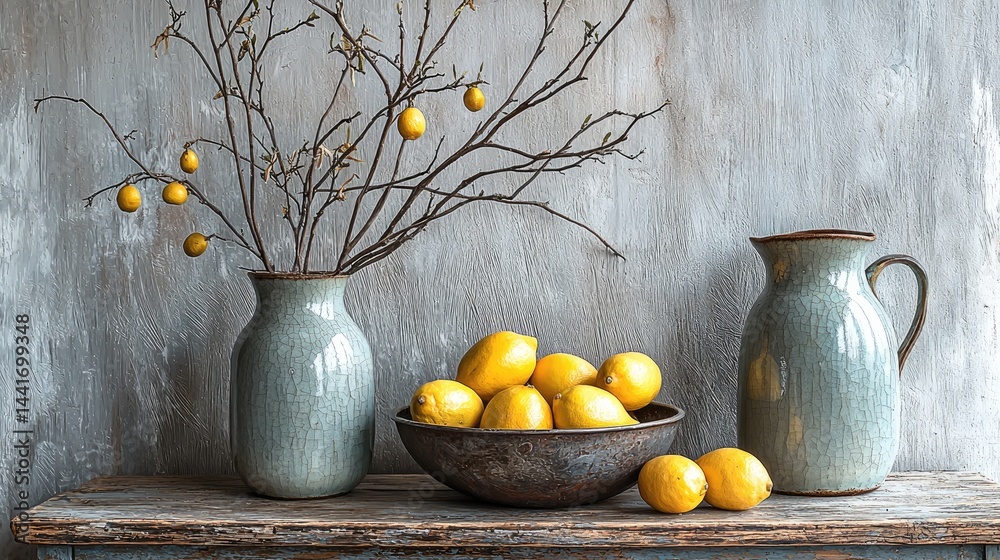 Two ceramic jugs and a metal bowl on a weathered wooden table. A few yellow lemons are placed beside the bowl, and a vase with dried branches is positioned behind the jugs. The background is a soft.