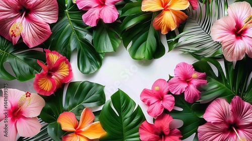 Bright tropical hibiscus flowers in shades of pink, red, and orange arranged with large green monstera and palm leaves creating a vibrant, fresh, and lively border on a white background