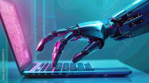 futuristic robotic hand with illuminated joints typing on a glowing laptop keyboard in a neon lit environment