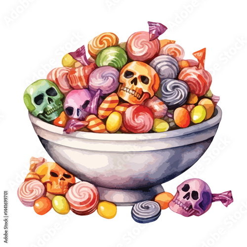 watercolor A pile of Halloween candy in a bowl illustration