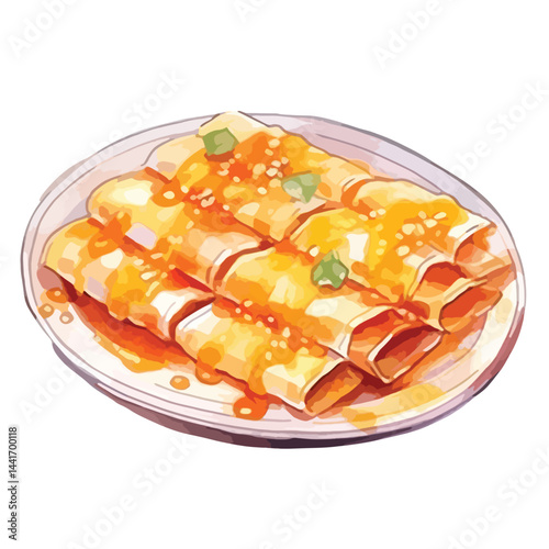 watercolor A plate of enchiladas with melted cheese illustration