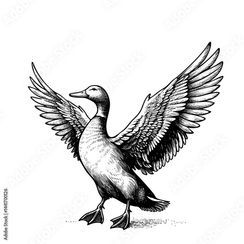 Vintage black and white ink illustration of a duck spreading its wings, isolated on white background, rustic countryside farm style, detailed classic sketch.