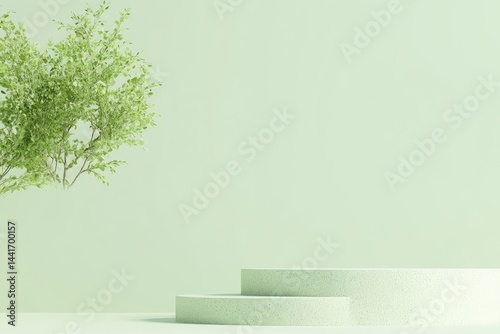 Minimalist, pastel green display podium with a small tree