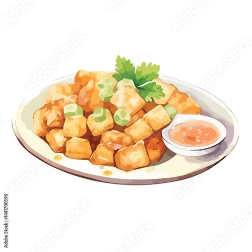 watercolor A plate of stuffing with gravy illustration