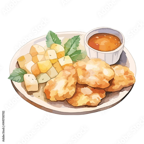 watercolor A plate of stuffing with gravy illustration