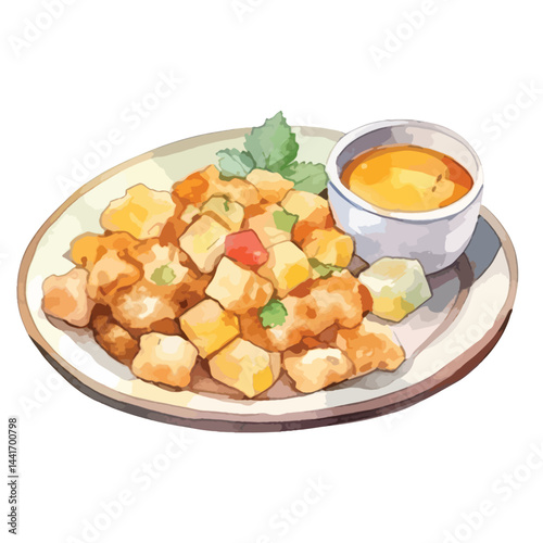 watercolor A plate of stuffing with gravy illustration