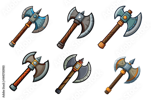 Collection of fantasy cartoon battle axes with double blades and spiked tops