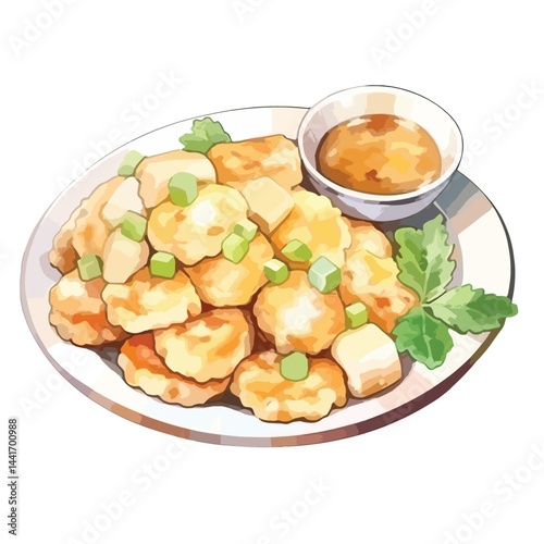watercolor A plate of stuffing with gravy illustration