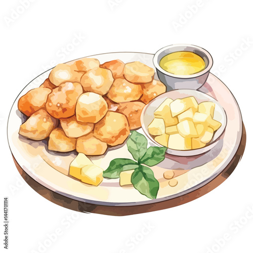 watercolor A plate of stuffing with gravy illustration