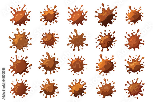 Collection of Twenty Cartoon Chocolate Splatters and Spills on a White Background