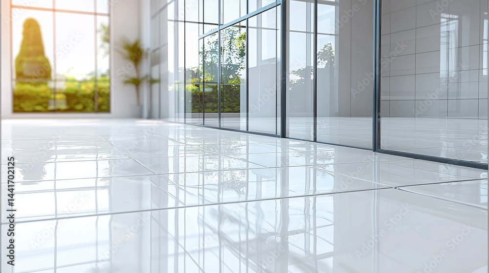 White reflection glass studio background, minimalist interior.