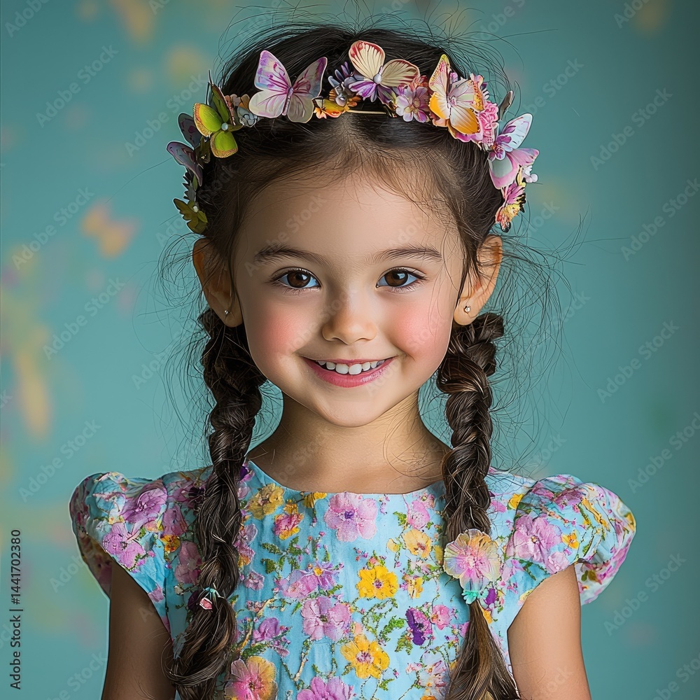 A smiling little girl dressed in a dress with flower drawn and embossed colorful, with a hairband made of butterflies colorful, light blue background.