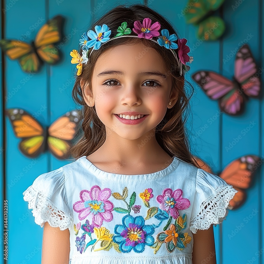 A smiling little girl dressed in a dress with flower drawn and embossed colorful, with a hairband made of butterflies colorful, light blue background.
