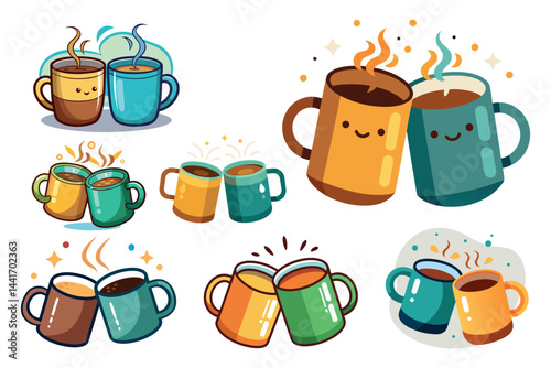 Adorable Colorful Mugs of Hot Beverages Clinking Together with Smiles and Cheer