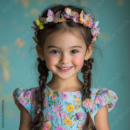 Obraz na płótnie A smiling little girl dressed in a dress with flower drawn and embossed colorful, with a hairband made of butterflies colorful, light blue background. w salonie