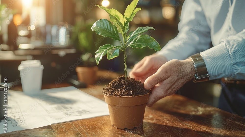 Close-up of hands planting a sapling in biodegradable pot at a sunlit eco-office, reusable coffee cups and solar panel blueprints on desk, warm natural lighting.