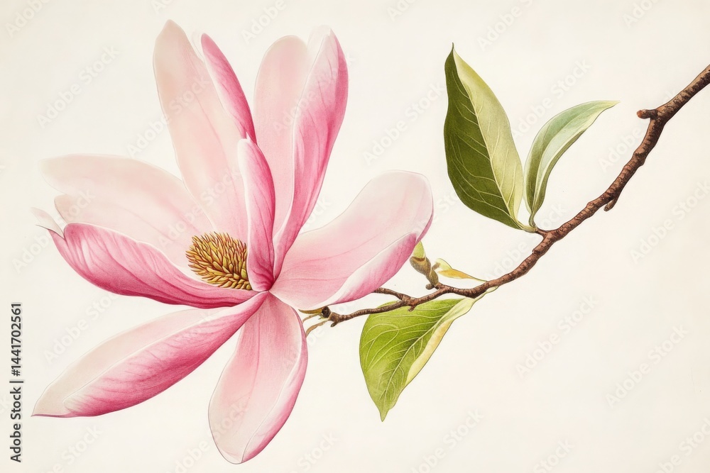 Fototapeta premium A vintage illustration of an open pink magnolia flower, on a white background