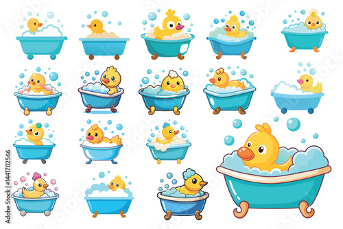 Cute Cartoon Rubber Ducks Taking Bubbling Baths in Light Blue Tubs