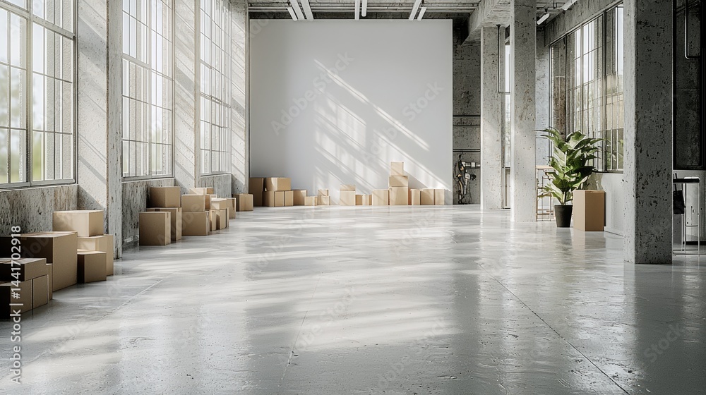 Modern minimalist style, a white houseware design with grey walls and a concrete floor, a many Shipping Supplies Boxes on table, and a large window.