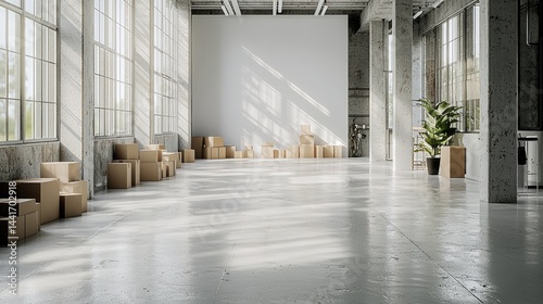 Obraz na płótnie Modern minimalist style, a white houseware design with grey walls and a concrete floor, a many Shipping Supplies Boxes on table, and a large window. w salonie