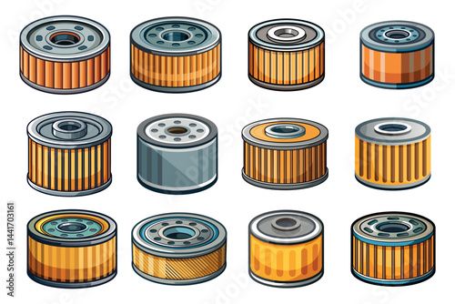 Isometric Illustration of Various Automotive Oil Filters in a Grid Pattern