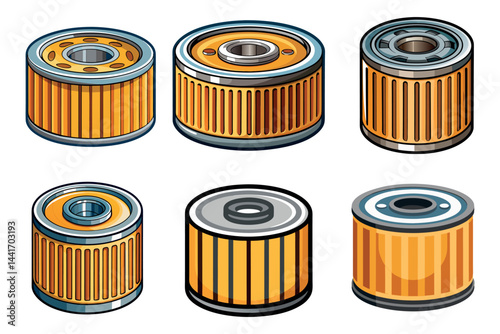 Isometric View of Six Different Types of Automotive Oil Filters Illustration