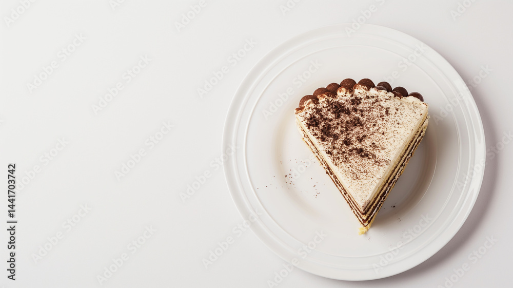 Minimalist Indulgence: Tiramisu Cake Slice on Clean White Plate
