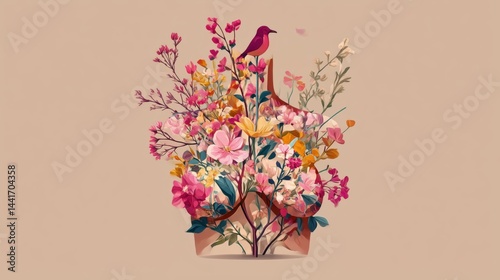 A beautiful digital illustration of a bird perched on top of a vibrant flower arrangement, with various colorful blooms and branches. Concept of nature, beauty, and artistic floral design