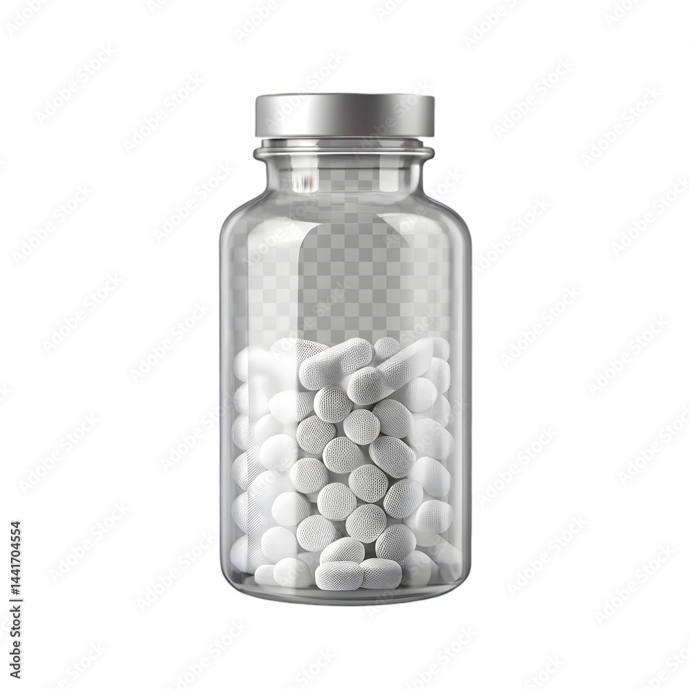 Clear glass medicine bottle with tablets transparent on background photo-realistic packaging mockup template Clear glass medicine bottle with tablets transparent on background photo-realistic packaging mockup template
