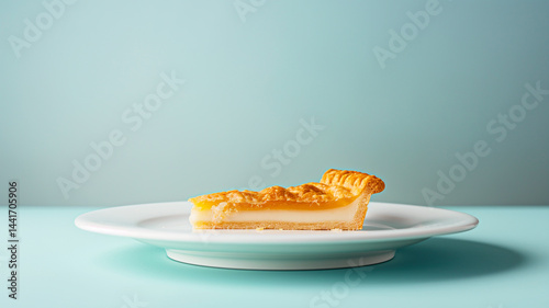 Side-angle pie slice on white plate, crisp crust and filling on display