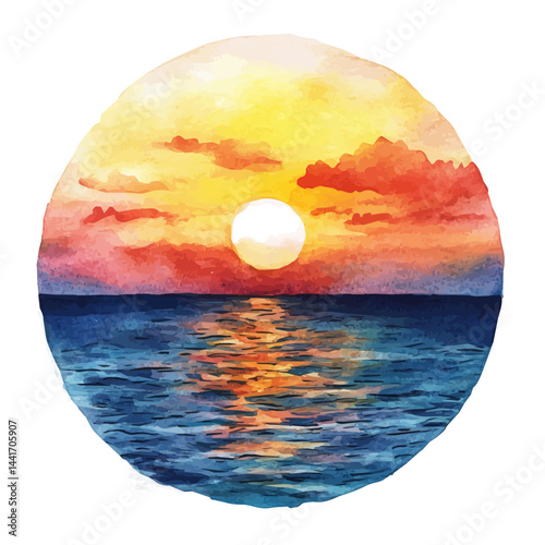 illustration of Sunset Over A Calm Ocean, watercolor vector, isolated on a white background.